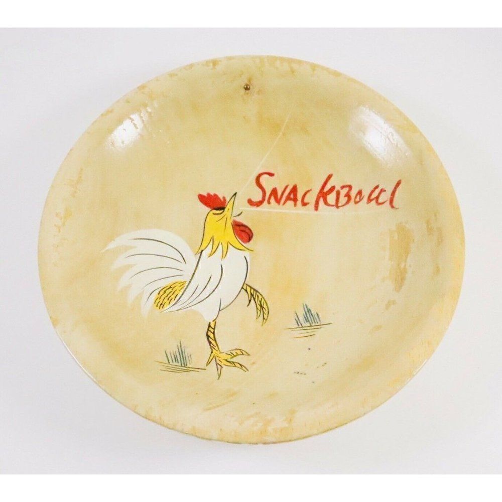VTG Nevco Wood Rooster Snack Bowl Hand Painted No Handle Primitive Country Japan